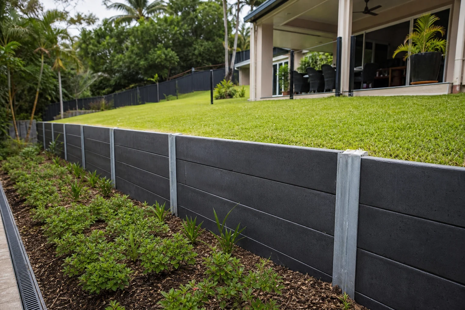 Retaining Wall Made Of Concrete Sleepers On Th Gold Coast